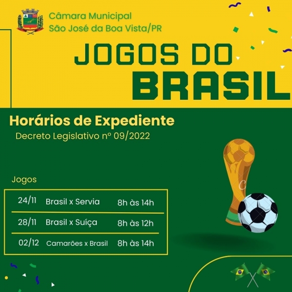 Horários de Expediente nas datas dos jogos da Seleção Brasileira na Copa do Mundo Fifa 2022.